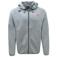 The Girls Rugby Tempo Vapodri Full-Zip Hoodie by Canterbury comes in gray with a hood and drawstrings. It features Vapodri technology for moisture-wicking comfort and displays a black emblem on the left chest and a pink "girls rugby" logo on the right chest.