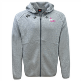The Girls Rugby Tempo Vapodri Full-Zip Hoodie by Canterbury comes in gray with a hood and drawstrings. It features Vapodri technology for moisture-wicking comfort and displays a black emblem on the left chest and a pink "girls rugby" logo on the right chest.