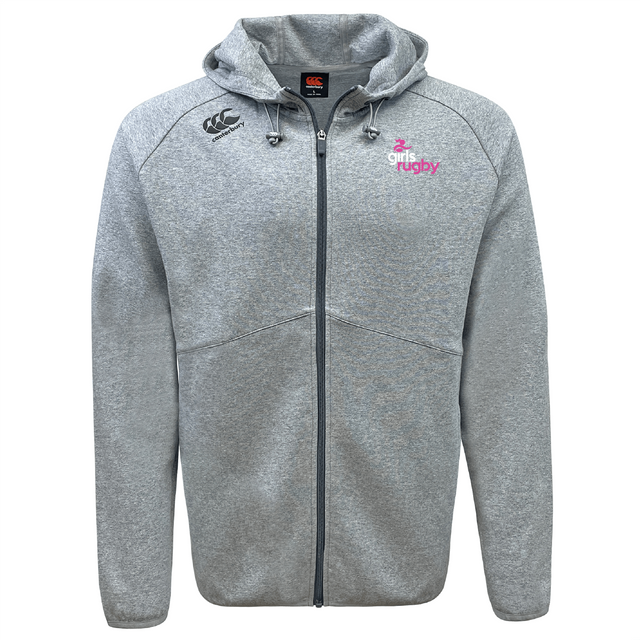 The Girls Rugby Tempo Vapodri Full-Zip Hoodie by Canterbury comes in gray with a hood and drawstrings. It features Vapodri technology for moisture-wicking comfort and displays a black emblem on the left chest and a pink "girls rugby" logo on the right chest.