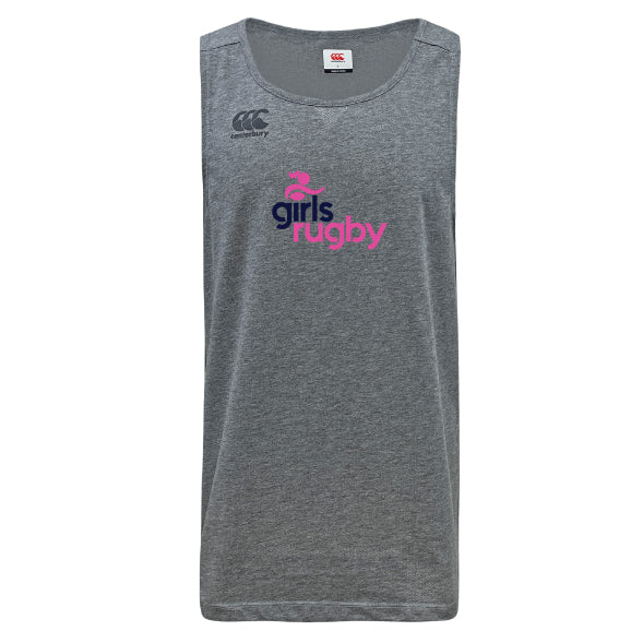 The Girls Rugby Tempo Vapodri Singlet by WRS Canterbury is a sleeveless gray tank with "girls rugby" in pink and purple on the front, a small Canterbury logo on the left shoulder, made from lightweight recycled polyester.