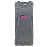 The Girls Rugby Tempo Vapodri Singlet by WRS Canterbury is a sleeveless gray tank with "girls rugby" in pink and purple on the front, a small Canterbury logo on the left shoulder, made from lightweight recycled polyester.