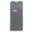 The Girls Rugby Tempo Vapodri Singlet by Canterbury, from WRS Canterbury, is made of recycled polyester and features VapoDri technology. It has a sleeveless gray design with "girls rugby" in pink and white text and the Canterbury logo on the top left.