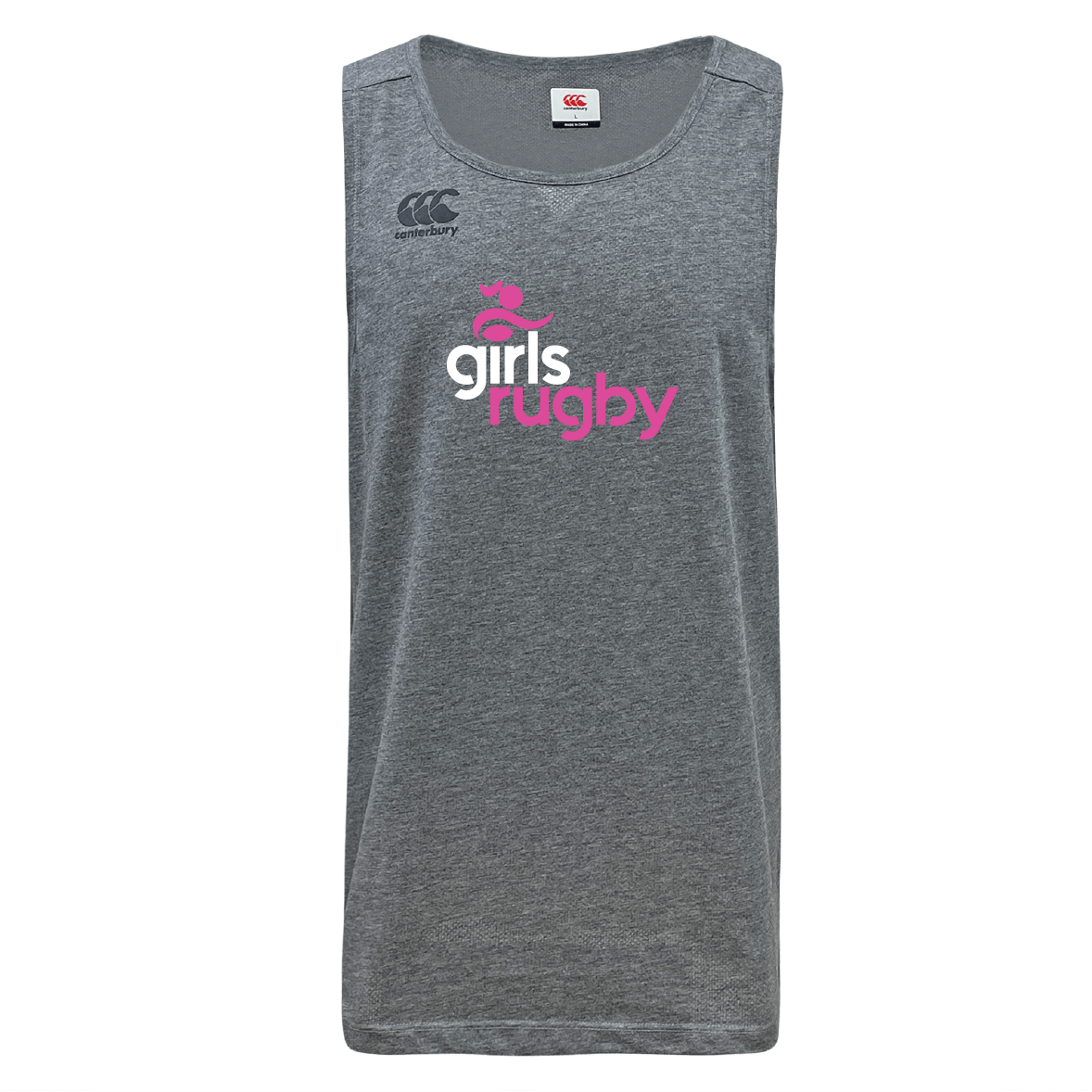 The Girls Rugby Tempo Vapodri Singlet by Canterbury, from WRS Canterbury, is made of recycled polyester and features VapoDri technology. It has a sleeveless gray design with "girls rugby" in pink and white text and the Canterbury logo on the top left.