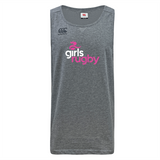 The Girls Rugby Tempo Vapodri Singlet by Canterbury, from WRS Canterbury, is made of recycled polyester and features VapoDri technology. It has a sleeveless gray design with "girls rugby" in pink and white text and the Canterbury logo on the top left.