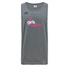 The Girls Rugby Tempo Vapodri Singlet by Canterbury, from WRS Canterbury, is made of recycled polyester and features VapoDri technology. It has a sleeveless gray design with "girls rugby" in pink and white text and the Canterbury logo on the top left.