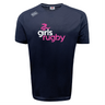 Dark blue Girls Rugby Tempo Vapodri T-shirt by WRS Canterbury showcases a "girls rugby" logo in pink and white on the front, offering VapoDri technology for ultimate comfort.