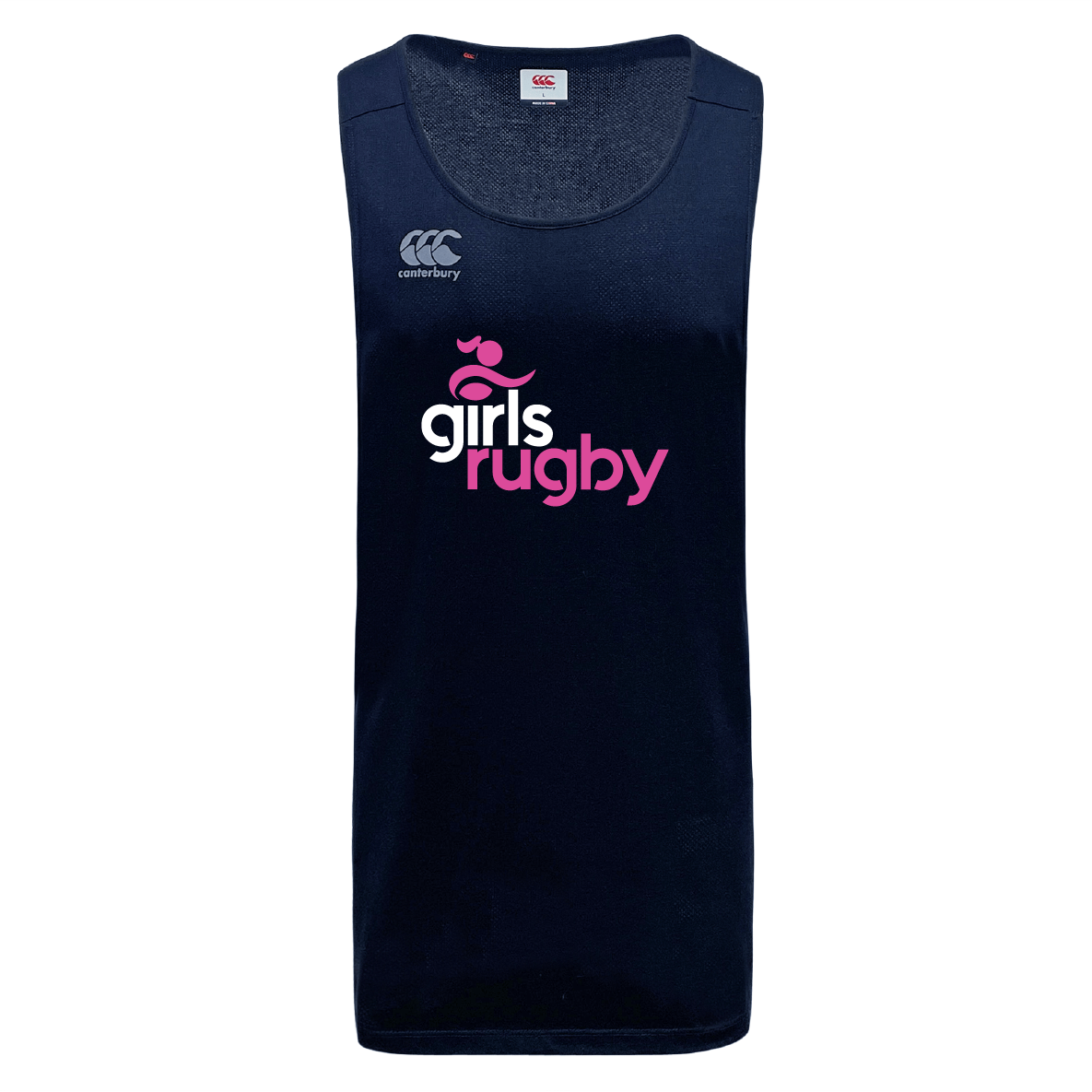 The Girls Rugby Tempo VapoDri Singlet by WRS Canterbury is a navy blue tank top with the Canterbury logo and "girls rugby" text in pink, made from recycled polyester and designed with VapoDri technology for peak performance.