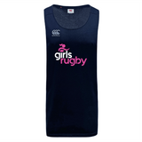 The Girls Rugby Tempo VapoDri Singlet by WRS Canterbury is a navy blue tank top with the Canterbury logo and "girls rugby" text in pink, made from recycled polyester and designed with VapoDri technology for peak performance.