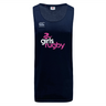 The Girls Rugby Tempo VapoDri Singlet by WRS Canterbury is a navy blue tank top with the Canterbury logo and "girls rugby" text in pink, made from recycled polyester and designed with VapoDri technology for peak performance.