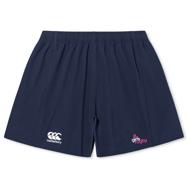 The Girls Rugby Yokohama Short by Canterbury, branded as EMB Canterbury, are navy blue rugby shorts with an elastic waistband. They feature the Canterbury and Girls Rugby logos, crafted from lightweight durable fabric for comfort and performance on the field.