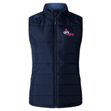 The Girls Rugby Women's Elite Microlite Gilet by EMB Canterbury is a navy blue quilted vest with insulated baffles, a high collar, full-length zipper, and features the "girls rugby" logo in pink and white on the chest. Its Thermoreg bonded fleece design ensures warmth.