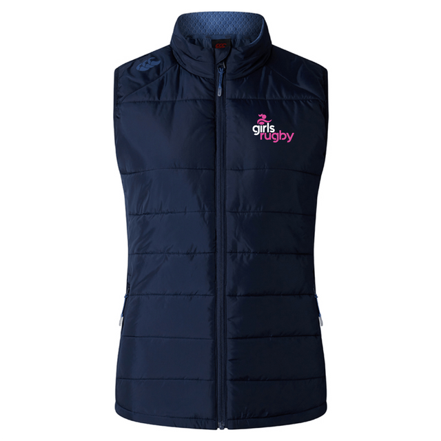 The Girls Rugby Women's Elite Microlite Gilet by EMB Canterbury is a navy blue quilted vest with insulated baffles, a high collar, full-length zipper, and features the "girls rugby" logo in pink and white on the chest. Its Thermoreg bonded fleece design ensures warmth.