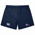 The Girls Rugby Women's Yokohama Short by EMB Canterbury, featuring "Girls Rugby" and the Canterbury logo, are navy blue and made from lightweight, durable fabric for comfort and resilience on the field.