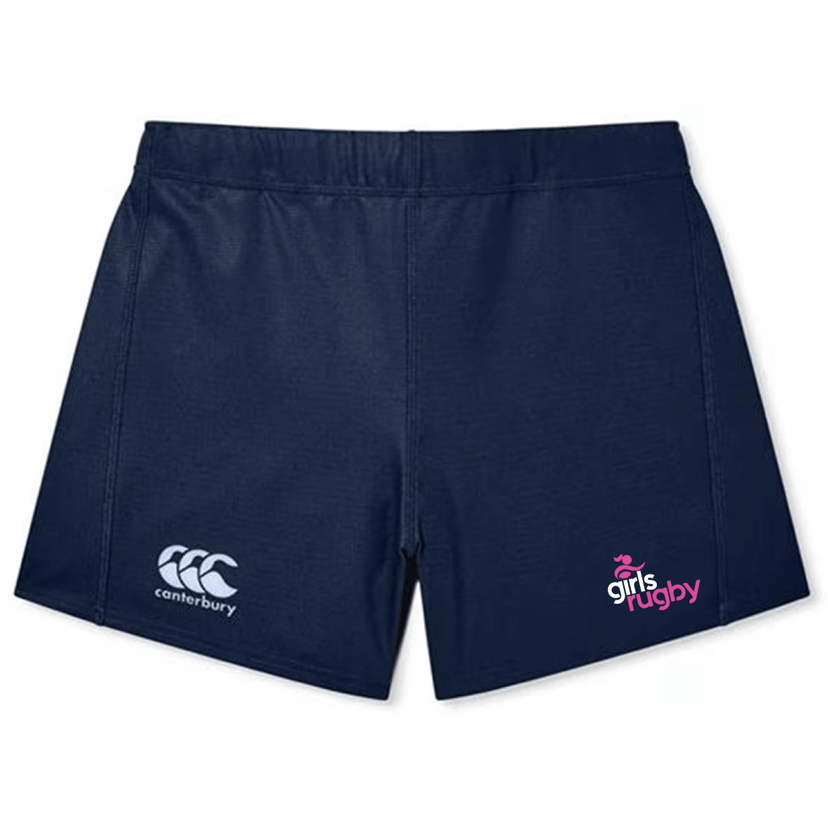 The Girls Rugby Women's Yokohama Short by EMB Canterbury, featuring "Girls Rugby" and the Canterbury logo, are navy blue and made from lightweight, durable fabric for comfort and resilience on the field.