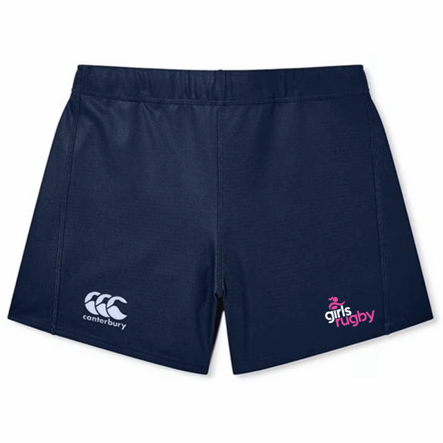 The Girls Rugby Women's Yokohama Short by EMB Canterbury, featuring "Girls Rugby" and the Canterbury logo, are navy blue and made from lightweight, durable fabric for comfort and resilience on the field.