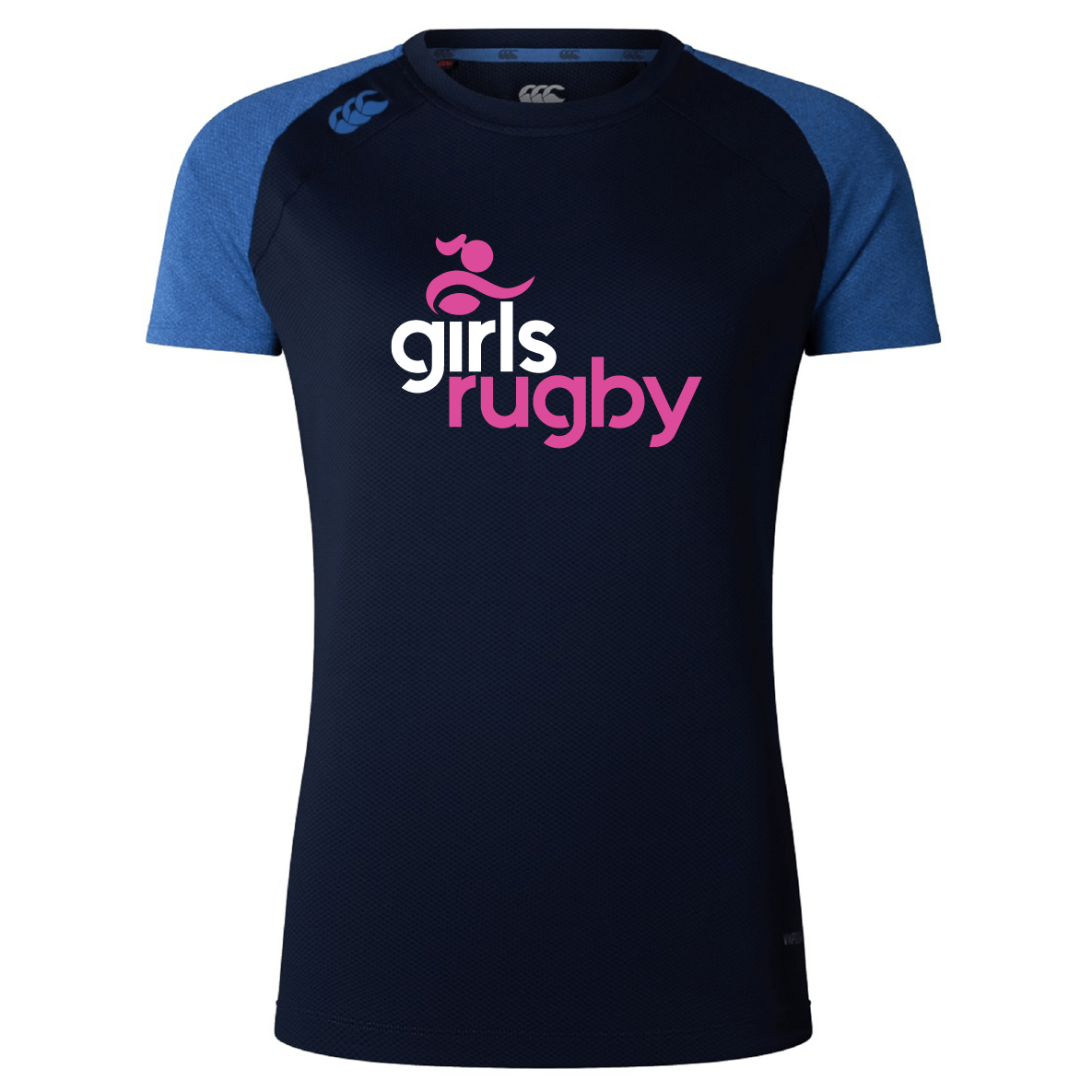 The Girls Rugby Women's Elite Training Tee by WRS Canterbury is a navy rugby jersey with blue sleeves, made of lightweight recycled polyester, featuring "girls rugby" in pink and white text and Vapodri technology for enhanced comfort.