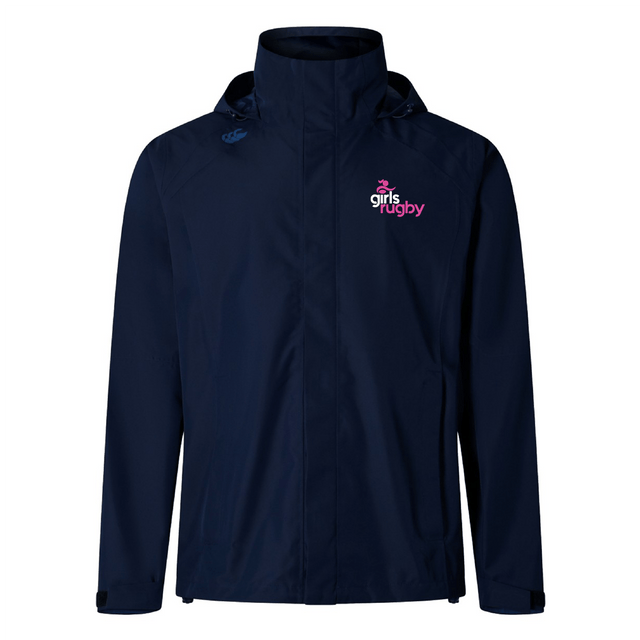 The navy blue Girls Rugby Elite Storm Jacket by EMB Canterbury features a Vaposhield design with a hood and a striking "girls rugby" logo in pink and white on the chest.