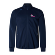 The Girls Rugby Elite Windstopper Jacket by Canterbury features a zip front and a pink and white "Girls Rugby" logo on the left chest. Crafted by EMB Canterbury with IRFU fabric, it offers ultimate comfort and durability in navy blue.