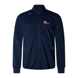 The Girls Rugby Elite Windstopper Jacket by Canterbury features a zip front and a pink and white "Girls Rugby" logo on the left chest. Crafted by EMB Canterbury with IRFU fabric, it offers ultimate comfort and durability in navy blue.
