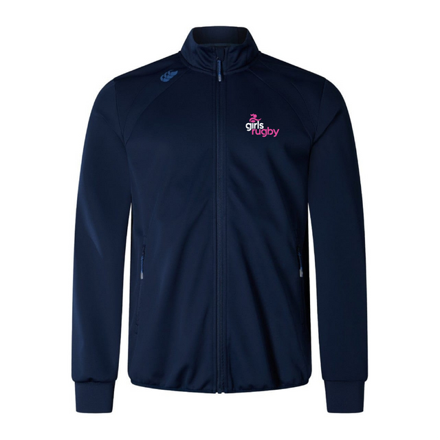 The Girls Rugby Elite Windstopper Jacket by Canterbury features a zip front and a pink and white "Girls Rugby" logo on the left chest. Crafted by EMB Canterbury with IRFU fabric, it offers ultimate comfort and durability in navy blue.