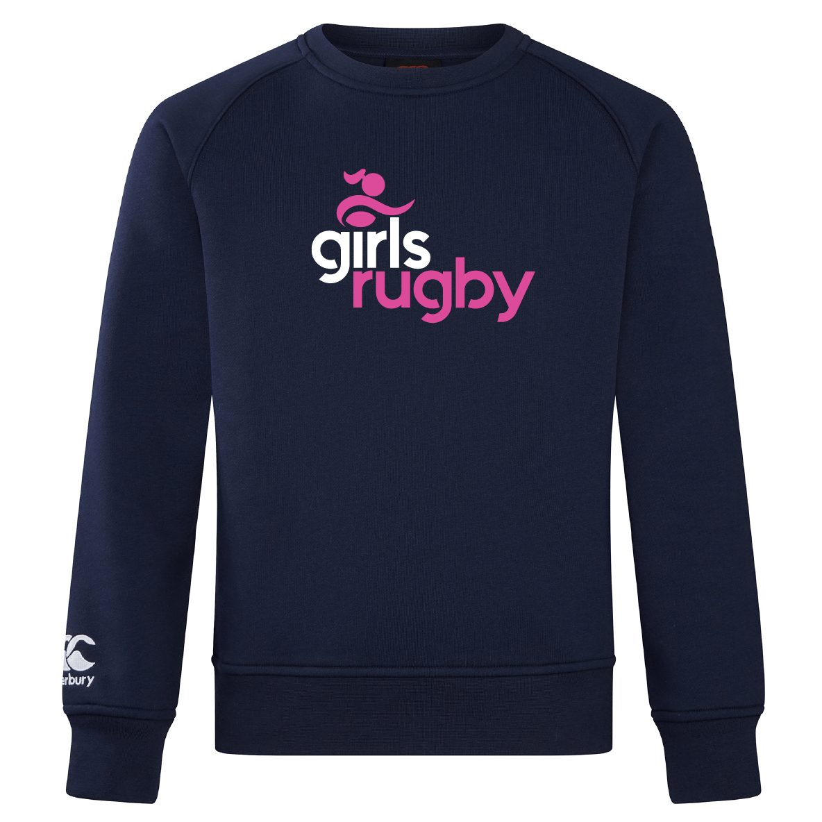 The Girls Rugby Club Crew Sweatshirt by WRS Canterbury is ultra-soft in navy blue, featuring "Girls Rugby" in pink and white on the front and an embroidered CCC logo on the sleeve, exuding a sporty aesthetic.