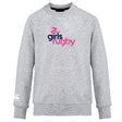 The Girls Rugby Club Crew Sweatshirt by WRS Canterbury is an ultra-soft light grey top with "girls rugby" in pink and navy, a rugby player icon above, and an embroidered CCC logo on the left sleeve.
