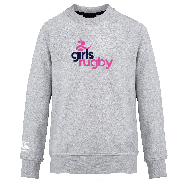 The Girls Rugby Club Crew Sweatshirt by WRS Canterbury is an ultra-soft light grey top with "girls rugby" in pink and navy, a rugby player icon above, and an embroidered CCC logo on the left sleeve.