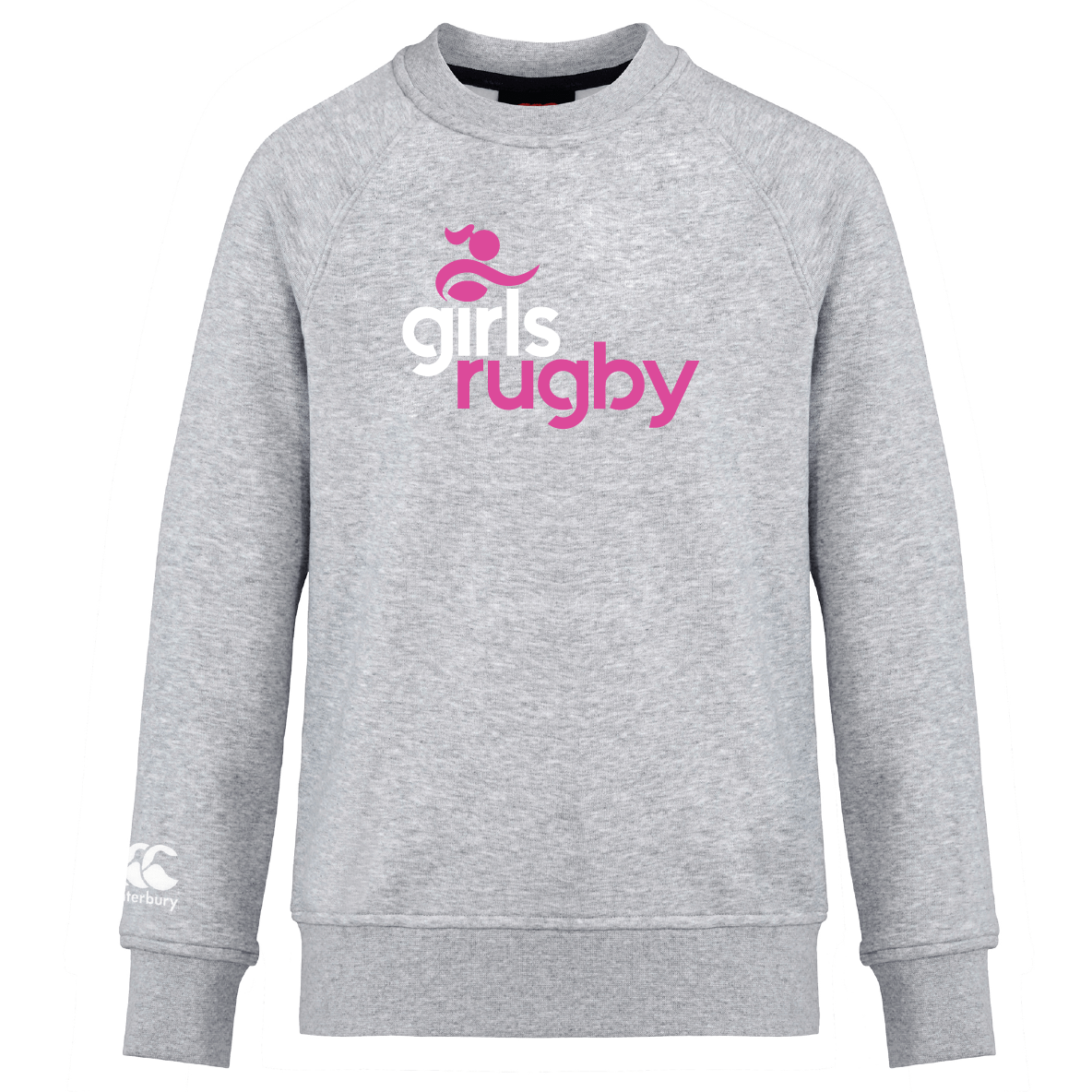 A gray Girls Rugby Club Crew Sweatshirt by WRS Canterbury features a round neck with "girls rugby" in pink and white on the front and an embroidered CCC logo.