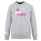 A gray Girls Rugby Club Crew Sweatshirt by WRS Canterbury features a round neck with "girls rugby" in pink and white on the front and an embroidered CCC logo.