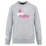 A gray Girls Rugby Club Crew Sweatshirt by WRS Canterbury features a round neck with "girls rugby" in pink and white on the front and an embroidered CCC logo.