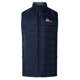 The Girls Rugby Elite Microlite Gilet by Canterbury from EMB Canterbury is a navy blue quilted vest with insulated baffles, a high collar, and a stylish "girls rugby" logo in pink and white on the chest.