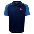 The Girls Rugby Elite Polo by EMB Canterbury is a navy blue shirt with light blue sleeves, made from durable Vapodri fabrics, and features pink "girls rugby" text and logo on the chest.