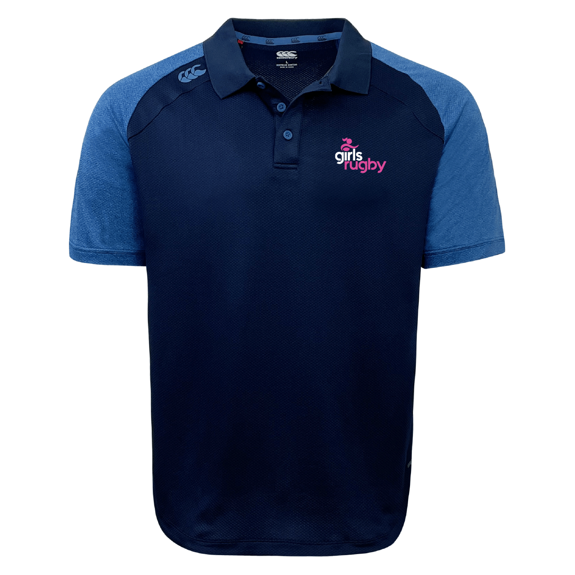 The Girls Rugby Elite Polo by EMB Canterbury is a navy blue shirt with light blue sleeves, made from durable Vapodri fabrics, and features pink "girls rugby" text and logo on the chest.