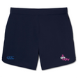 The Girls Rugby Elite Woven Short by Canterbury from EMB Canterbury is navy blue, with "Girls Rugby" and a pink and blue Canterbury logo, plus zippered pockets for secure storage.