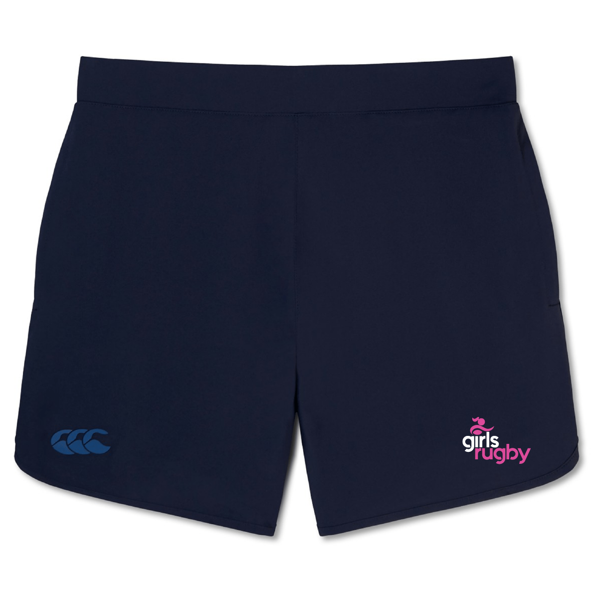 The Girls Rugby Elite Woven Short by Canterbury from EMB Canterbury is navy blue, with "Girls Rugby" and a pink and blue Canterbury logo, plus zippered pockets for secure storage.