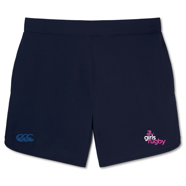 The Girls Rugby Elite Woven Short by Canterbury from EMB Canterbury is navy blue, with "Girls Rugby" and a pink and blue Canterbury logo, plus zippered pockets for secure storage.