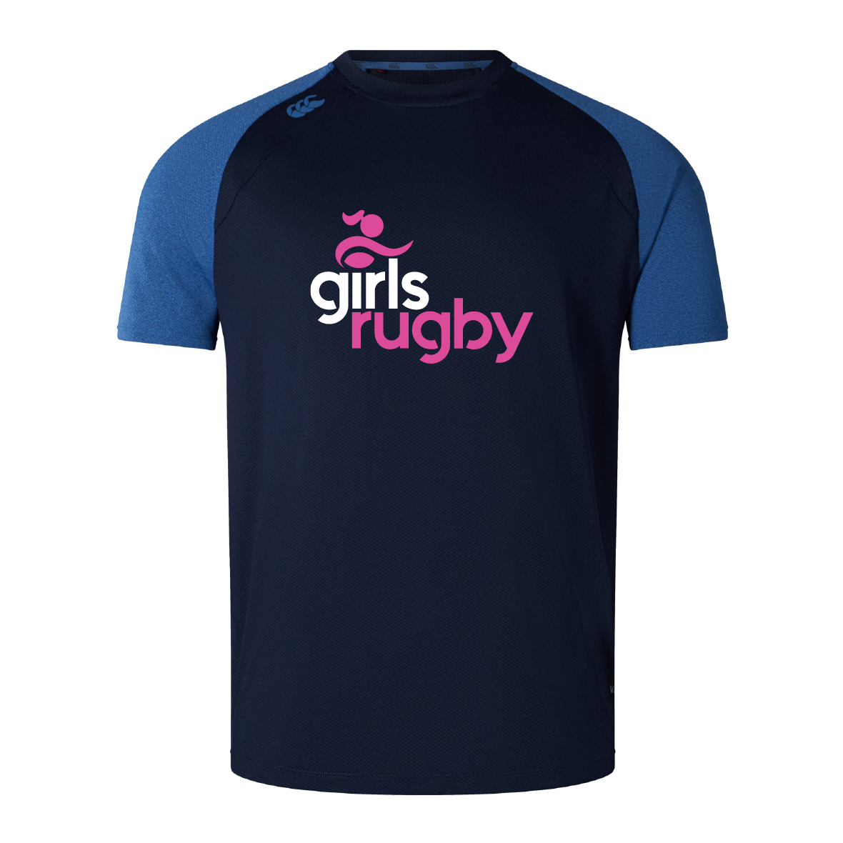 The Girls Rugby Elite Training Tee by WRS Canterbury, in navy with blue sleeves, features "girls rugby" in pink and white on the front. It's made from Vapodri fabrics for a lightweight and durable experience.