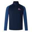 The EMB Canterbury Girls Rugby Elite First Layer is a navy and blue long-sleeve rugby pullover with a half-zip, ideal for rugby training. It features "girls rugby" and a pink logo on the chest, enhanced with quick-drying VapoDri technology to keep you comfortable and dry.