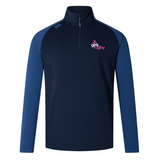 The EMB Canterbury Girls Rugby Elite First Layer is a navy and blue long-sleeve rugby pullover with a half-zip, ideal for rugby training. It features "girls rugby" and a pink logo on the chest, enhanced with quick-drying VapoDri technology to keep you comfortable and dry.