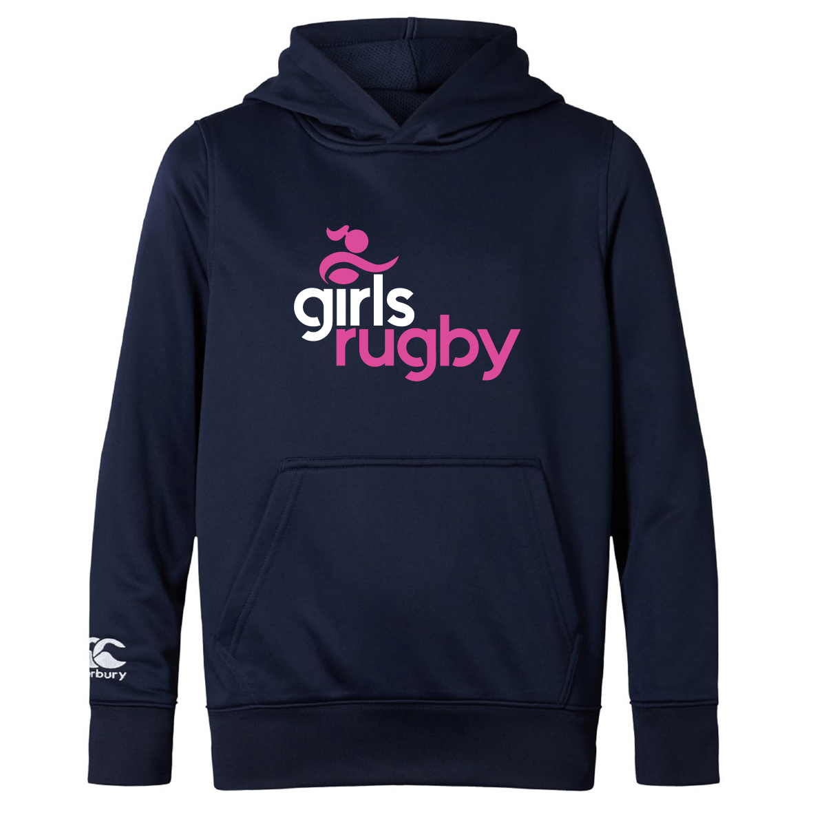 Navy blue lightweight Girls Rugby Club hoodie by WRS Canterbury, with "girls rugby" printed in pink and white on the front. Features a white Canterbury logo on the sleeve, plus front pocket and hood.