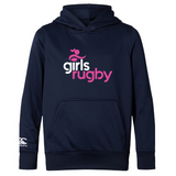 Navy blue lightweight Girls Rugby Club hoodie by WRS Canterbury, with "girls rugby" printed in pink and white on the front. Features a white Canterbury logo on the sleeve, plus front pocket and hood.