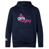 Navy blue lightweight Girls Rugby Club hoodie by WRS Canterbury, with "girls rugby" printed in pink and white on the front. Features a white Canterbury logo on the sleeve, plus front pocket and hood.