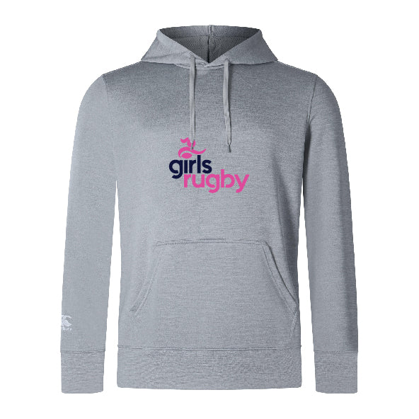 The Girls Rugby Club Lightweight Hoodie by WRS Canterbury is a light gray hoodie with a kangaroo pocket and "girls rugby" in navy and pink text plus a rugby ball graphic—ideal for any Canterbury fan.