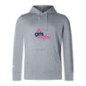 The Girls Rugby Club Lightweight Hoodie by WRS Canterbury is a light gray hoodie with a kangaroo pocket and "girls rugby" in navy and pink text plus a rugby ball graphic—ideal for any Canterbury fan.