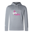 The Girls Rugby Club Lightweight Hoodie by WRS Canterbury is gray and features "girls rugby" in pink and white on the front. It has drawstrings, a kangaroo pocket, and the iconic Canterbury logo, offering style and comfort for casual wear.