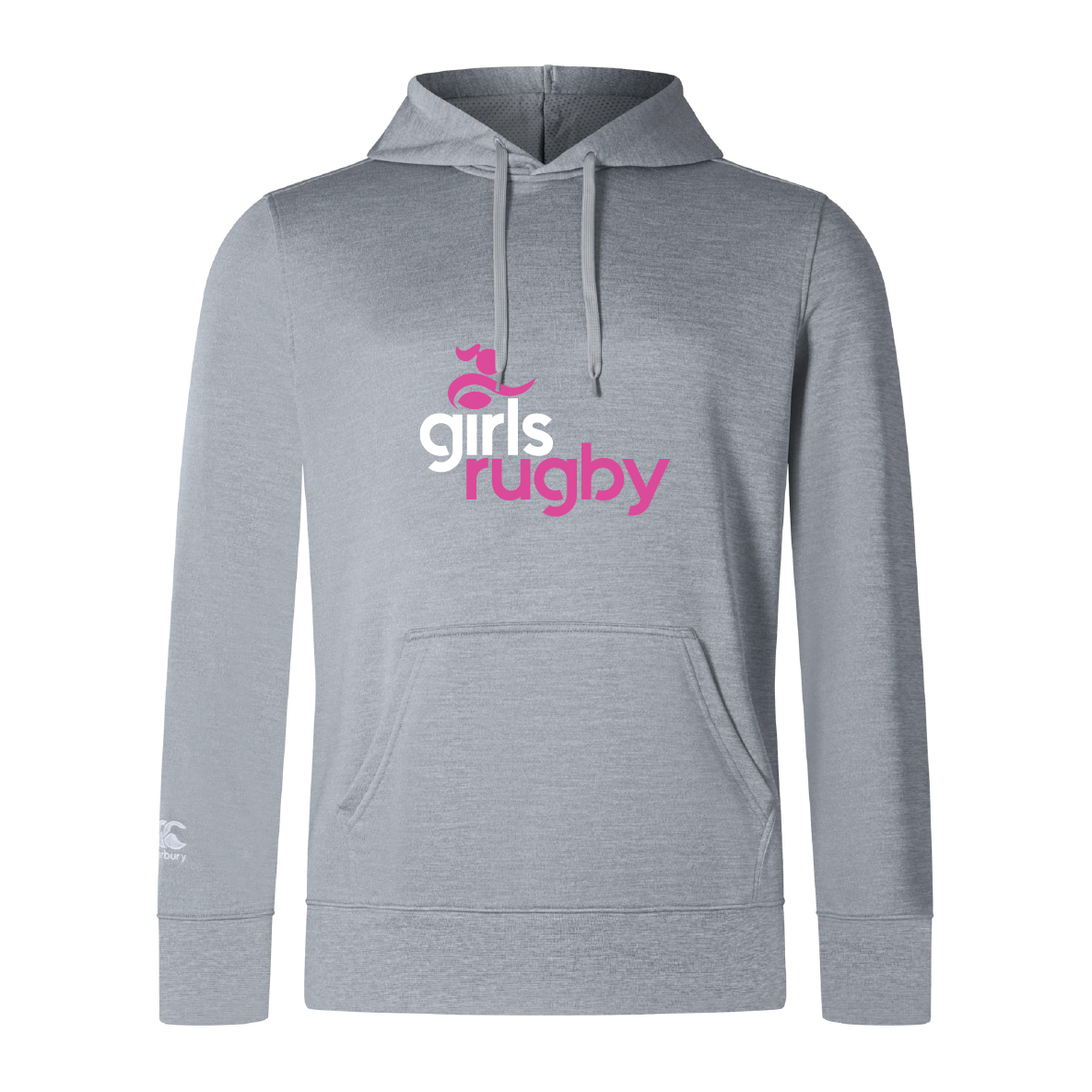 The Girls Rugby Club Lightweight Hoodie by WRS Canterbury is gray and features "girls rugby" in pink and white on the front. It has drawstrings, a kangaroo pocket, and the iconic Canterbury logo, offering style and comfort for casual wear.
