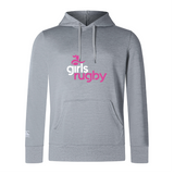 The Girls Rugby Club Lightweight Hoodie by WRS Canterbury is gray and features "girls rugby" in pink and white on the front. It has drawstrings, a kangaroo pocket, and the iconic Canterbury logo, offering style and comfort for casual wear.