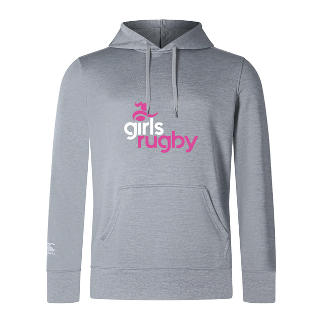 The Girls Rugby Club Lightweight Hoodie by WRS Canterbury is gray and features "girls rugby" in pink and white on the front. It has drawstrings, a kangaroo pocket, and the iconic Canterbury logo, offering style and comfort for casual wear.