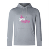 The Girls Rugby Club Lightweight Hoodie by WRS Canterbury is gray and features "girls rugby" in pink and white on the front. It has drawstrings, a kangaroo pocket, and the iconic Canterbury logo, offering style and comfort for casual wear.