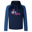 The Girls Rugby Elite Training Hoody by WRS Canterbury combines performance and comfort. This navy and blue sweatshirt, adorned with "girls rugby" in pink and white, crafted from premium fabrics, ensures both style and functionality.